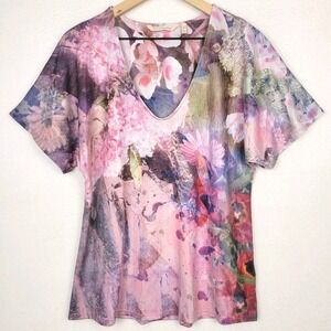 Soft Surroundings Floral Watercolor Top M Artsy Boho Flared Sleeve Blouse
